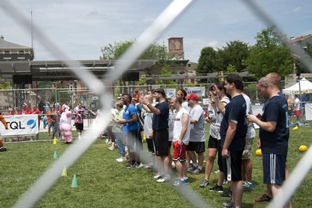 Team lined up ready to play dodge ball outside